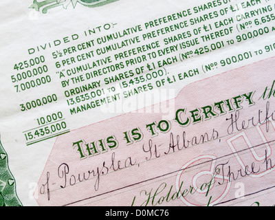 Close up detail of a Share certificate Stock Photo