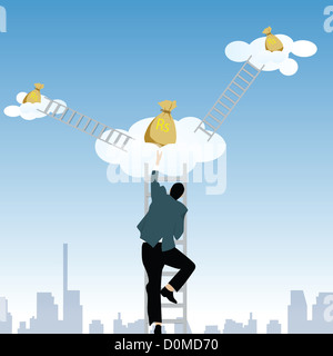 Man climbing on step ladder to get money bags from clouds Stock Photo