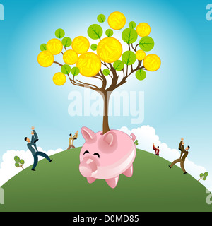 Businessmen waiting for the fall of coin from money tree coming out from a piggy bank Stock Photo