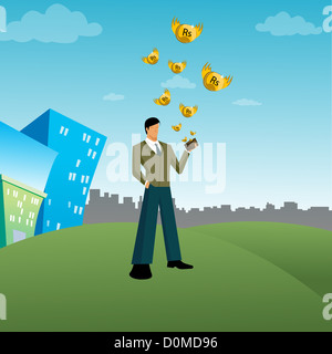 Money flying from the wallet held by a businessman Stock Photo