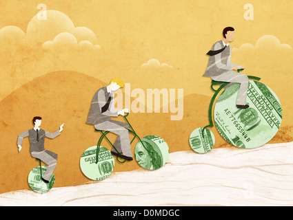 Three businessmen riding money bikes