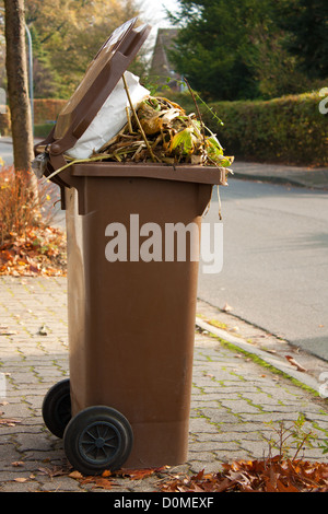 Overflowing brown garbage bin or can full with dead autumn leaves and plants Stock Photo