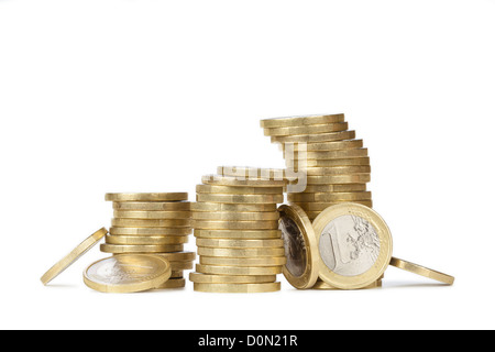 Wobbly piles of euro coins Stock Photo