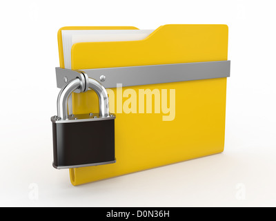 Confidential files. Padlock on folder on white background. 3d Stock Photo