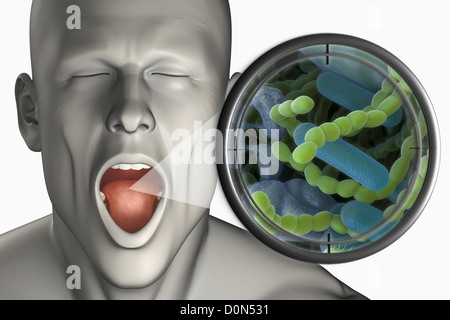 Open mouth with a magnified zoom out of bacteria, which cause the halitosis. Stock Photo