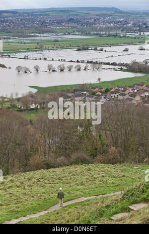 Glastonbury, United Kingdom-November 27th. Flood water in the fields surrounding the Glastonbury Tor on the Somerset Levels. Photograph taken from elevated Glastonbury Tor. Stock Photo