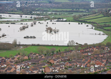 United Kingdom-November 27th. Flood water in the fields surrounding the Glastonbury Tor on the Somerset Levels. Photograph taken from elevated Glastonbury Tor,Glastonbury, Somerset, England. Stock Photo