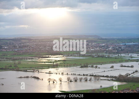 United Kingdom-November 27th. Flood water in the fields surrounding the Glastonbury Tor on the Somerset Levels. Photograph taken from elevated Glastonbury Tor,Glastonbury, Somerset,England Stock Photo