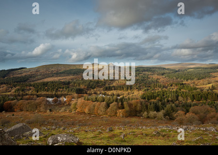 View over Burrator Reservoir with Leather Tor and Sharpitor on the horizon in autumn. Dartmoor National Park Devon UK Stock Photo