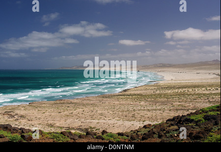 Bay of Santa Maria with the shipwreck of Spanish cargo vessel Santa Maria in the distance - Boa Vista, Cape Verde Stock Photo