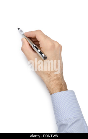 Hand with pen writing on white Stock Photo
