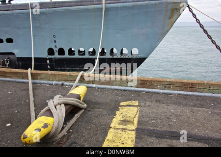 WWII era submarine USS Pampanito. Mooring lines. Stock Photo