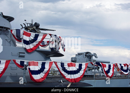 WWII era submarine USS Pampanito. 20mm Oerlikon antiaircraft cannon and 4 inch deck gun. Stock Photo