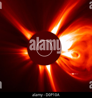 The Large Angle Spectrometric Coronagraph (LASCO) cameras Solar Heliospheric Observatory (SOHO) satellite captured this image Stock Photo