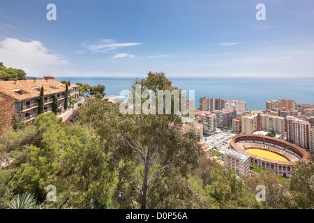 Malaga Parador de Gibralfaro Hotel. Beautiful location best view vista Mediterranean sea shore coastline city town bullring. Stock Photo