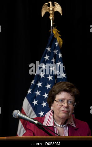 United States Acting Secretary of Commerce Rebecca Blank addresses Business Unity South Africa (BUSA) and the media about the Obama administration’s Doing Business in Africa campaign on November 28, 2012 in Johannesburg, South Africa. Blank warned that American investors were worried with the recent spate of violent labour protests, especially in the mining sector. Stock Photo