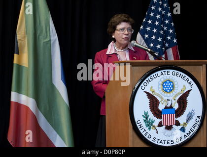 United States Acting Secretary of Commerce Rebecca Blank addresses Business Unity South Africa (BUSA) and the media about the Obama administration’s Doing Business in Africa campaign on November 28, 2012 in Johannesburg, South Africa. Blank warned that American investors were worried with the recent spate of violent labour protests, especially in the mining sector. Stock Photo