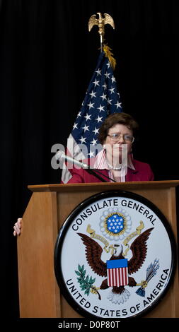 United States Acting Secretary of Commerce Rebecca Blank addresses Business Unity South Africa (BUSA) and the media about the Obama administration’s Doing Business in Africa campaign on November 28, 2012 in Johannesburg, South Africa. Blank warned that American investors were worried with the recent spate of violent labour protests, especially in the mining sector. Stock Photo