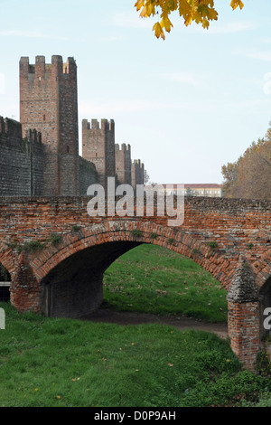 old red brick bridge to access the medieval castle Stock Photo