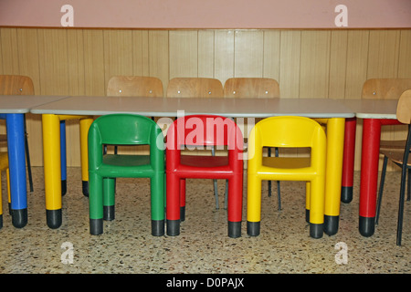 chairs and tables in the refectory of a kindergarten Stock Photo