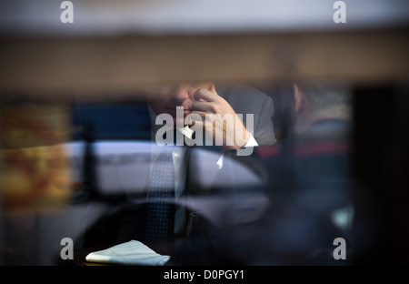 Two business people discussing in a cafe Stock Photo