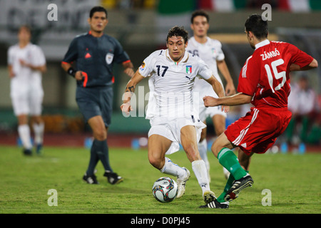 SUEZ, EGYPT - OCTOBER 9:  Mattia Mustacchio of Italy (17) in action during the 2009 FIFA U-20 World Cup quarterfinal match against Hungary at Mubarak Stadium on October 9, 2009 in Suez, Egypt. Editorial use only. Commercial use prohibited. (Photograph by Jonathan Paul Larsen / Diadem Images) Stock Photo