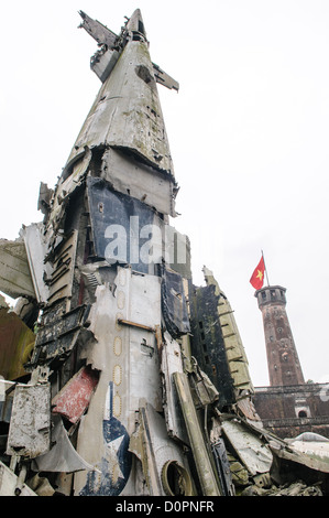 HANOI, Vietnam — The wreckage of a U.S. Air Force B-52 Stratofortress bomber is displayed at the Vietnam Military History Museum. This aircraft represents one of the strategic bombers shot down during the Vietnam War. The twisted metal and damaged components serve as a significant artifact documenting the aerial combat operations of the conflict. Stock Photo