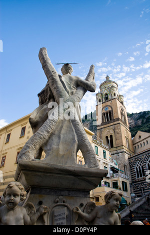 Statue of St. Andrew and belltower of Cattedrale di Sant'Andrea, Amalfi, Italy, Europe Stock Photo