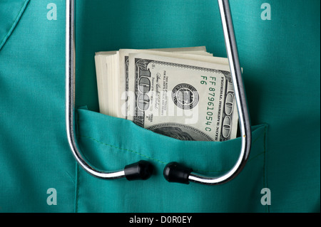conceptual image medical stethoscope and $100 bills in doctor's pocket Stock Photo
