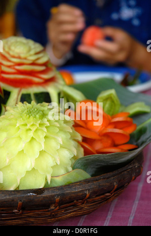 Fruits, vegetable, carving, Nong Lha, Guest House, Khum Lanna, Village, Kearn Pak, district, Phrao, Chiang Mai, Thailand, Asia Stock Photo