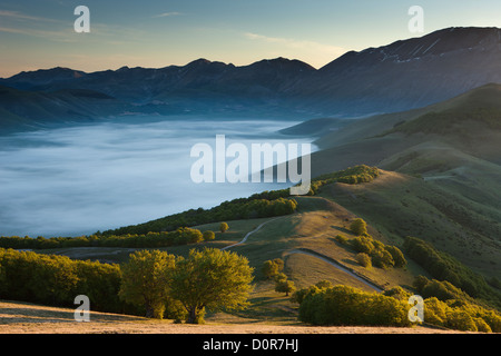 the Piano Grande at dawn, Monti Sibillini National Park, Umbria, Italy Stock Photo