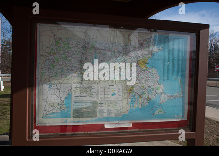 A map of the state welcomes visitors to the Massachusetts Visitor Center in Lancaster, Massachusetts. Stock Photo