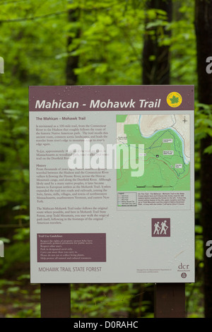 Mohawk Trail State Forest on Rte. 2 in Charlemont, Massachusetts has signs which explain the history of the area. Stock Photo