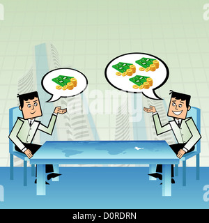 Two businessmen planning to invest in stock exchange across the table with India highlighted in a world map Stock Photo