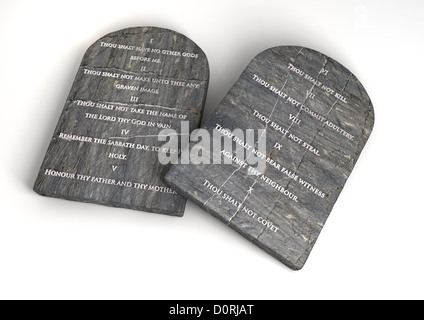 Two stone tablets with the ten commandments inscribed on them on an isolated background Stock Photo