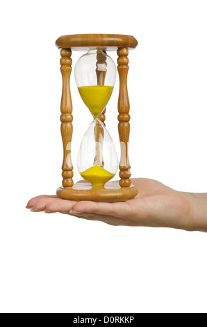 Hand holding hourglass on white Stock Photo