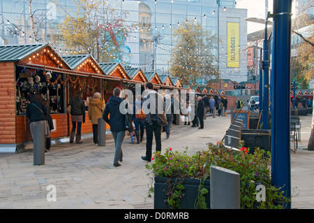 Christmas Market stalls, Exchange Square, Manchester, England, UK