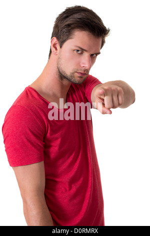 Man in red t-shirt pointing at camera Stock Photo