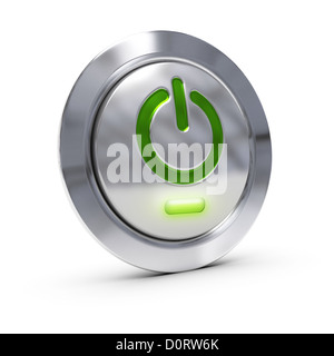 on off pc button with green symbol and led over white background Stock Photo