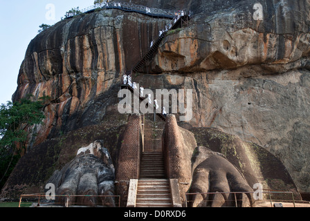 Students descending the stairs. The Lion´s paws. Sigiriya Rock. Sri Lanka Stock Photo