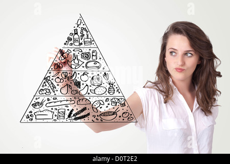 Young woman drawing a various food pyramid on whiteboard Stock Photo