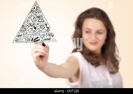 Young woman drawing a various food pyramid on whiteboard Stock Photo