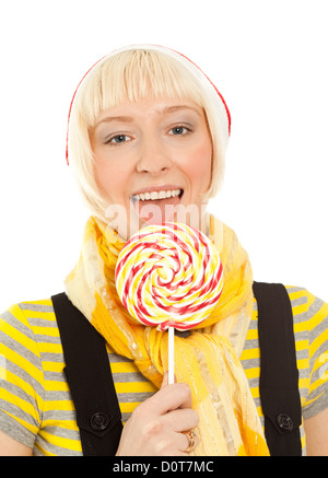 Portrait of beautiful woman with lollipop isolated on white Stock Photo