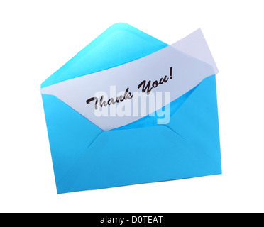 Blue envelope with text: Thank you, isolated on white Stock Photo