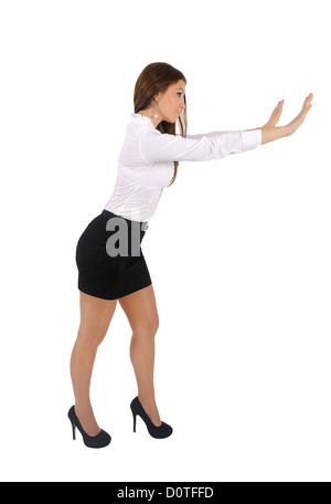 Isolated young business woman push Stock Photo