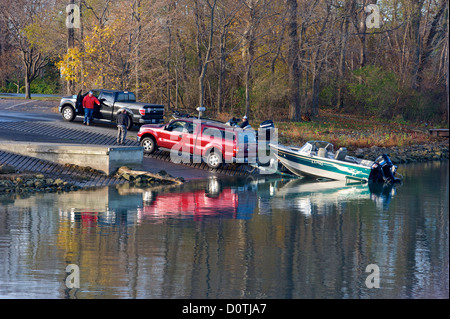 Boats on a ramp being launched into the water for some sportsfishing Stock Photo