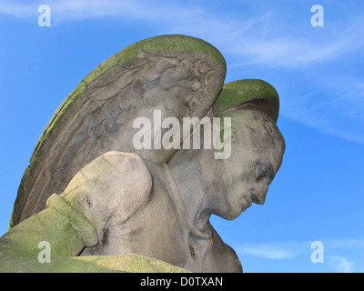 Germany, Europe, Franconia, angel, stone, wing, man, cemetery, grief, sky, blue Stock Photo