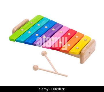 Wooden rainbow colors xylophone toy isolated on white background Stock Photo