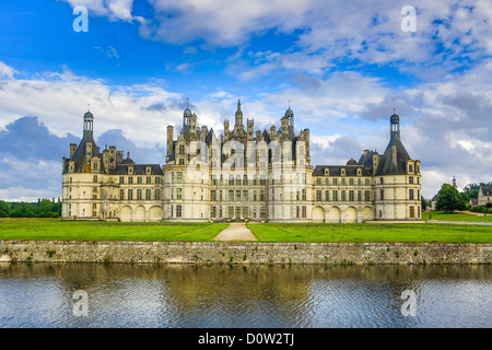 France, Europe, travel, Loire Valley, Chambord, architecture, big, castle, clouds, cloudy, history, Loire, medieval, pond, refle Stock Photo