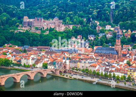 Germany, Europe, travel, Heidelberg, Karl-Theodor Bridge, Heidelburg, Castle, architecture, bridge, castle, city, river, tourism Stock Photo